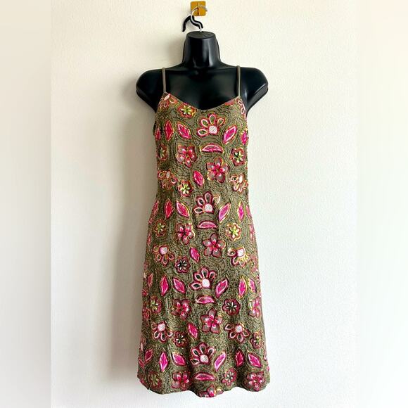 Vintage 2000s Sequin Slip Dress | Boho Y2K Glam Olive Green Pink Floral Size M - Picture 1 of 6